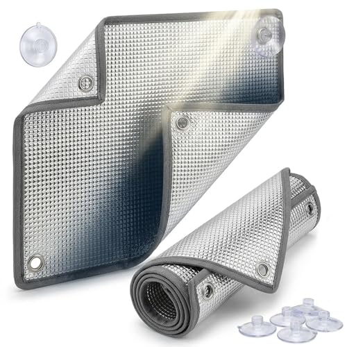 Película aislante de aluminio de 8 mm de grosor para ventana, cubierta reflectante solar térmica total opaca con ventosas, persiana reflectante de calor para el hogar, invernadero y ático (gris, 80 cm