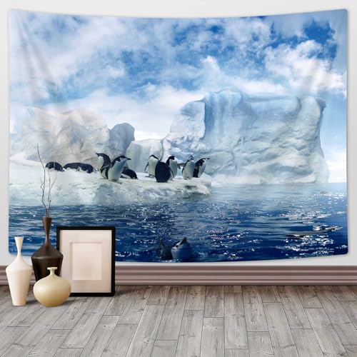 Antarctica Sea Animals Tapestry,Penguins on Winter Glacier Snow 3D Wall