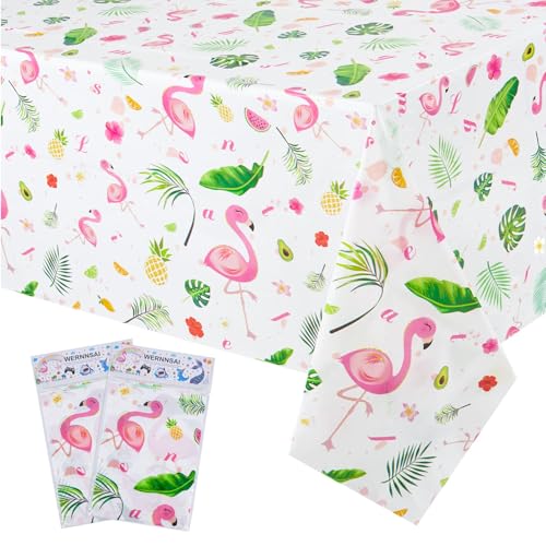 WERNNSAI 2 PCS Flamingo Table Cloths - Flamingo Birthday Decorations Summer Hawaiian Tablecloths Tropical Luau Table Cover for Kids Girls Pool Beach Picnic Party Supplies 108''x 54''