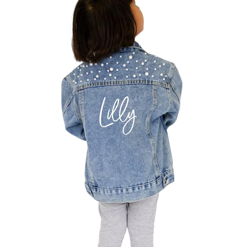 Customized Girls Jean Jacket with Pearls, Kids Denim Jacket, Flower Girls Gift for Wedding