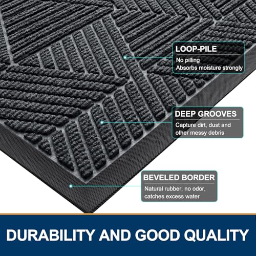 Smiry Front Door Mat Outside Entrance, Heavy Duty Sturdy Natural Rubber Doormat, Trap Dirt and Moisture, Easy Clean Low Profile Welcome Floor Mats for Indoor Outdoor Entry, 71x47 Inch, Grey