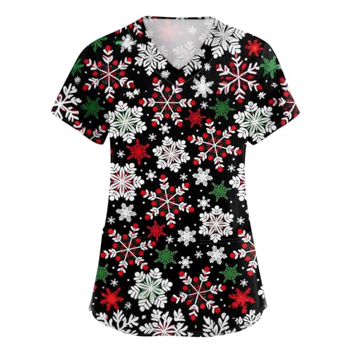 OIOLOYJM Halloween Christmas Scrub Tops Women Printed V Neck Short Sleeve Plus Size Scrubs for Womens Shirts with Pockets