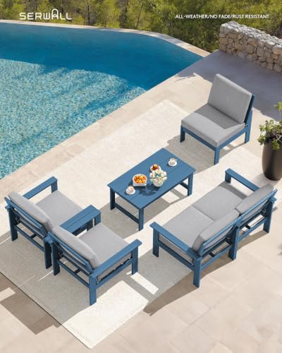 Image of SERWALL HDPE Outdoor Patio Furniture Set Outdoor Couch | All Weather Outdoor Sectional with Coffee Table, Blue Frame & Gray Cushions