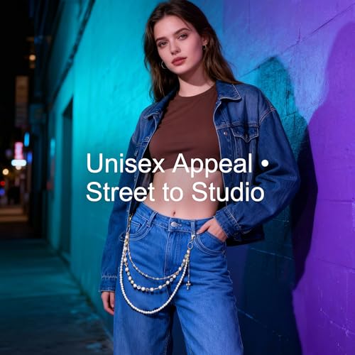 Image of Y2K Pearl Pants Chain Streetwear Jewelry- Unisex Layered Wallet Chain with Heart Cross Pendant, Punk Aesthetic Jeans Keychain Accessory for Men Women