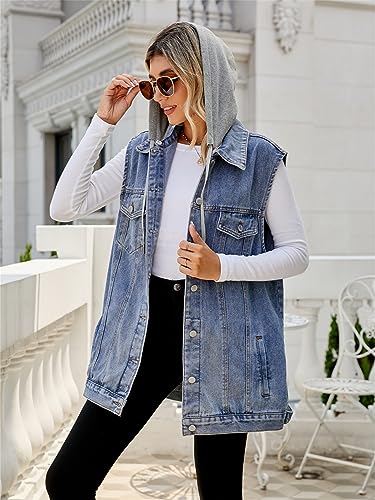 Image of PAODIKUAI Women's Oversized Denim Vest - Sleeveless Distressed Jean Vest with Pockets for Casual Layering
