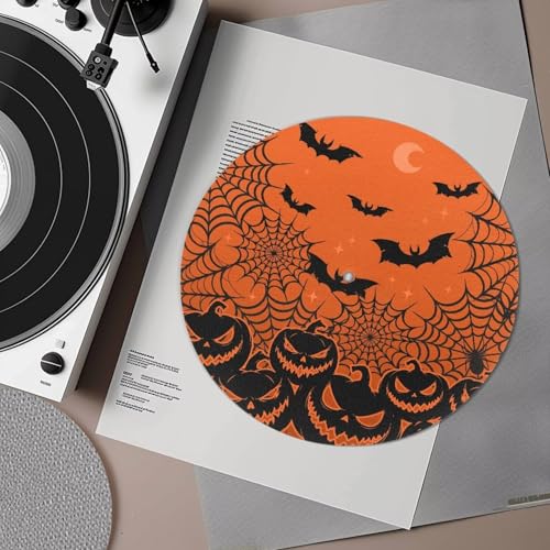 Psesaysky Halloween Pumpkin Bats Record Slip Mat Anti Static Turntable Platter Mat Fits all 12" Platter, Vinyl Record Player Slipmat Reduces Noise & Sounds from Static & Dust