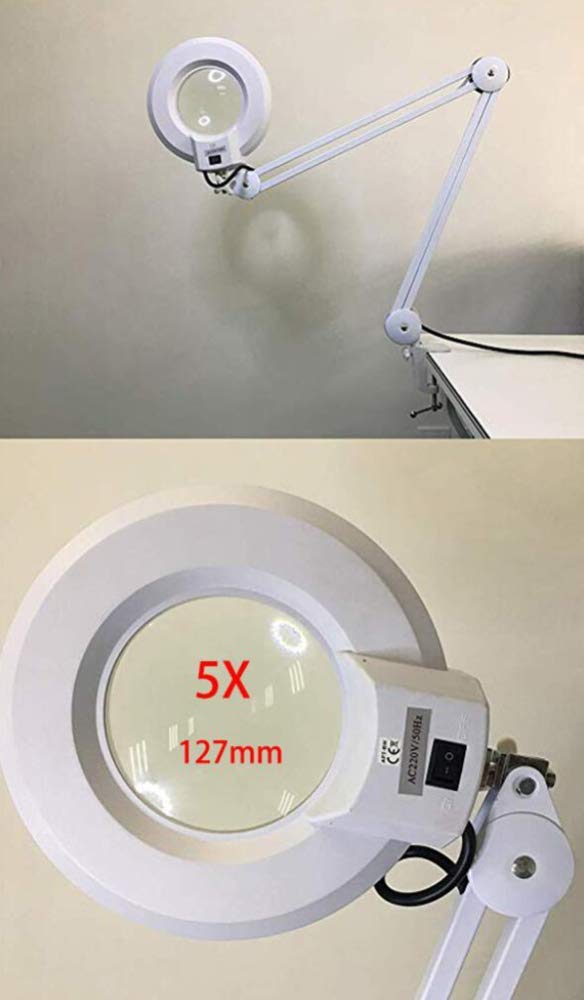 Lupa, 5-krotna lampa powiększająca szkło-światło dzienne jasne podświetlane soczewki-lupa biurkowa lampa obrotowa ramię wahadłowe biurko lampa stołowa, na stół, zadanie, rzemiosło, biżuterię, szycie,