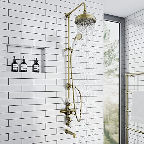 ENKI, Downton, SH0569, Antique Brass Shower Set 3 Outlets, Triple Thermostatic Shower Valve, Rainshower Head, Sliding Handset Riser Rail, Thermostatic Bath Mixer Filler Spout, Brushed Gold Shower