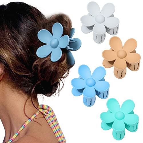 Flower Cute Hair Claw Clips - 4Pcs Flower Hair Clip Nonslip Strong Hold Hair 3 Inch Matte Small Flowers Claw Clips For Women And Girls(Gray+Blue+Khaki+Light Blue) #TOP14