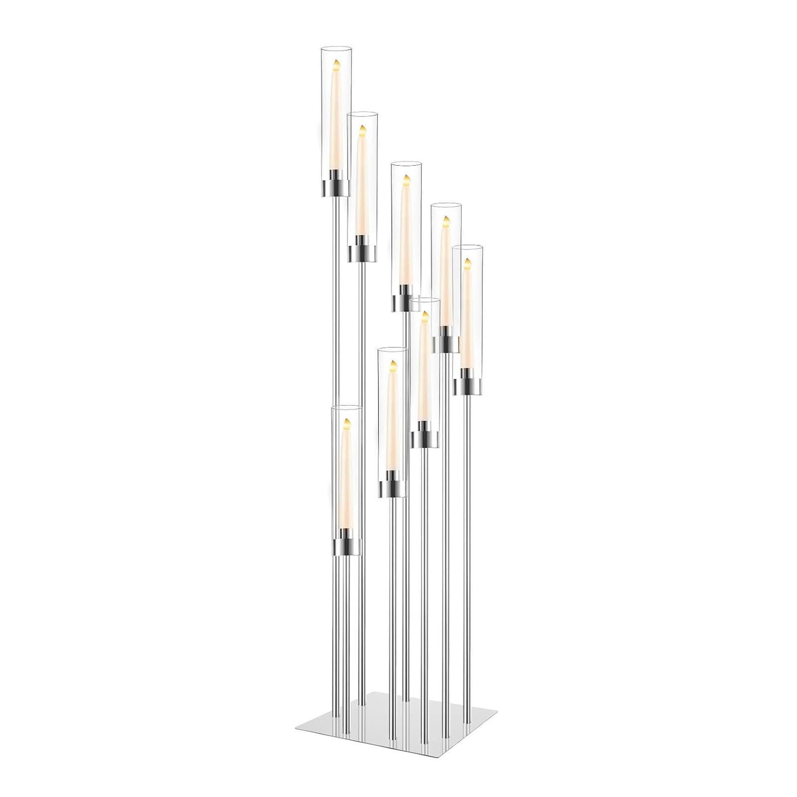 Portavelas De Pie con Pantalla Acrílica, Candelabro De Acrílico De 125 Cm De Altura para Velas LED Cónicas, Centro De Mesa para Bodas, Fiestas, Eventos, Recepciones Y Decoración del Hogar(Silver)