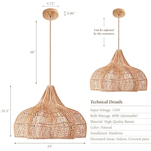 Rowabi Rattan Pendant Light - Bamboo Pendant Light, Boho Lamp, Rattan Furniture, Patio Pendant Light, Farmhouse, Bohemian Lampshade (Rufflewisp 19.5 * 24, Hardwired 48 In) #TOP3
