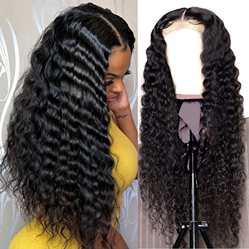 4x4 Deep Wave Wigs for Black Women Human Hair Lace Front Wigs Pre Plucked Lace Closure Wig with Baby Hair 150% Density Brazilian Hair Natural Color (26 Inch)