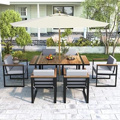 JOUUQZ 7-Piece Outdoor Dining Set with Acacia Wood and Steel Frame, Grey - Water-Resistant Cushions and Umbrella Hole for Patio Use