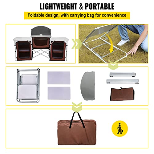 Happybuy Camping Kitchen Table, 3 Storage Organizer, Aluminum Windscreen Outdoor Folding Grill Station With 2 Side Tables, Camping Supplies And Accessories For Bbq Picnic Fishing Party Use, Brown #TOP5