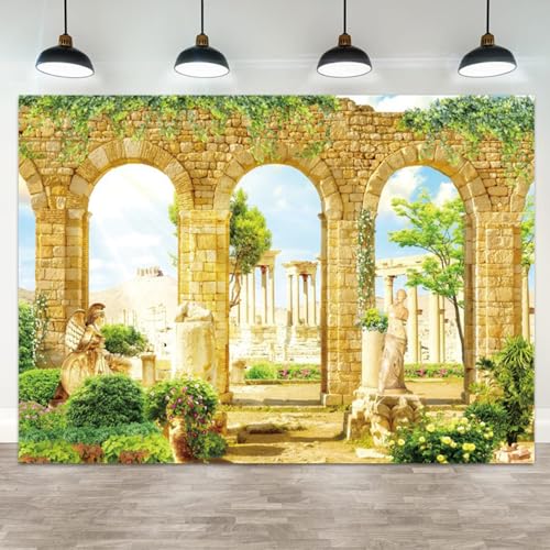 ASDCXZ 7x5ft Romantic Greece Palace Garden Backdrop Ancient Stone Arch Photography Background Green Leave Vines Statues Ancient Pillar Ruins Banner Decorations Greece Party Photo Booth Prop