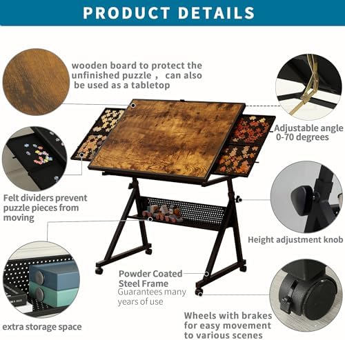 Adjustable 1500-Piece Jigsaw Puzzle Table with 4 Felt Trays, Wooden Cover, Large Storage, and 4 Universal Wheels - Perfect for Adults, Black Color