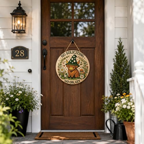 Image of No Soliciting Sign for House | Rustic Round Wood Wreaths Hanging Sign for Front Door - Cute Highland Cow Witch Hat Front Porch Garland Decor for Door Wall Room Porch Kitchen