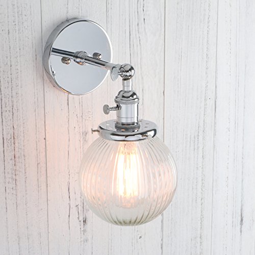 Image of PERMO Sconce with Switch Industrial Gold Wall Sconce Lighting with Ribbed Globe Lampshade (Chrome, 1 Light-Hardwired)