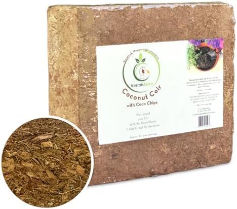 VermisTerra - Coco Coir and Chips, Compressed Brick - Approx 9 LB (1.7 cu ft) - for Container Garden and Potting Mix, Coconut Coir with Chunky Chips for Aeration and Stability