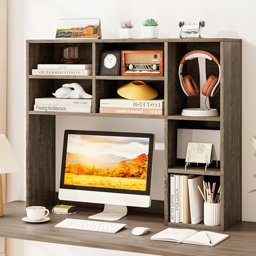 Image of Tangkula Desktop Bookshelf, 37 inch Countertop Storage Hutch with 7 Cubes & 3 Adjustable Shelves, 3-Tier Desk Display Rack Organizer, Multipurpose Wood Desktop Hutch for Dorm Home Office (Grey)
