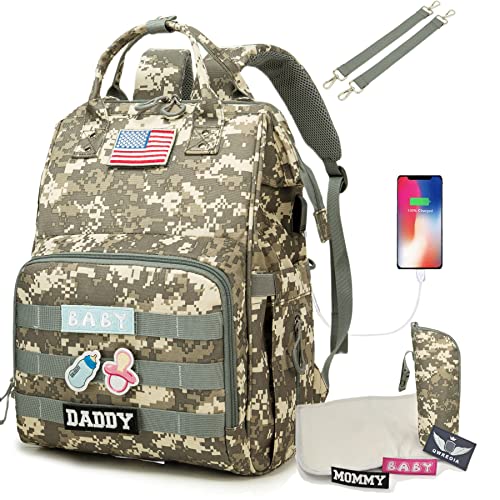 QWREOIA Diaper Bag Backpack for Dad and Mom with USB Charging Port Stroller Straps and Insulated Pocket,army military Travel Nappy Backpack for...
