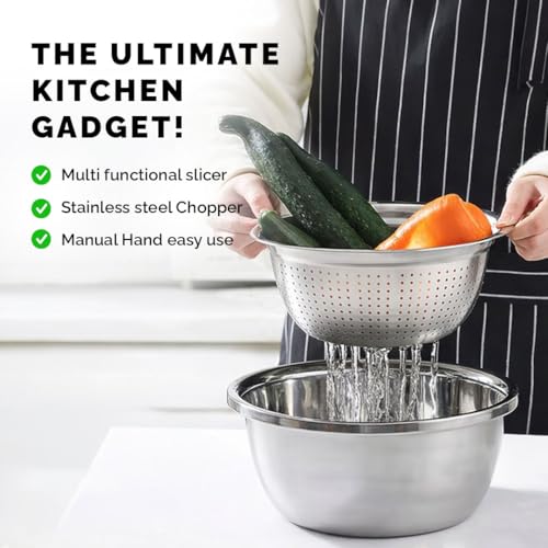 Image of Rioware 3-in-1 Multipurpose Drain Basket Grater & Basin Bowl | Stainless Steel 26cm(4 Liters) Double Layer Colander | Multi-Functional Vegetable Cutter & Fruit Washing Sieve for Kitchen