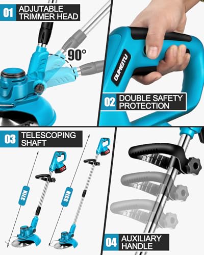 Akku-Rasentrimmer 21V Elektrische Motorsense, 1300W Freischneider Bürstenloser mit 2 Batterien 4.0Ah&8in Klingen, Verstellbarer Griff, Teleskoprohr, 90° Schwenkbarer Kopf für... – Bild 7