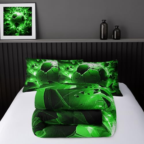 Image of Nttopship Soccer Bedding Comforter Set Queen Size for Kids Teens and Adults, Black and Green Football Printed Bedding Sets 3 PCS,Ball Sports Themed Bedroom Decor with 1 Comforter and 2 Pillowcases
