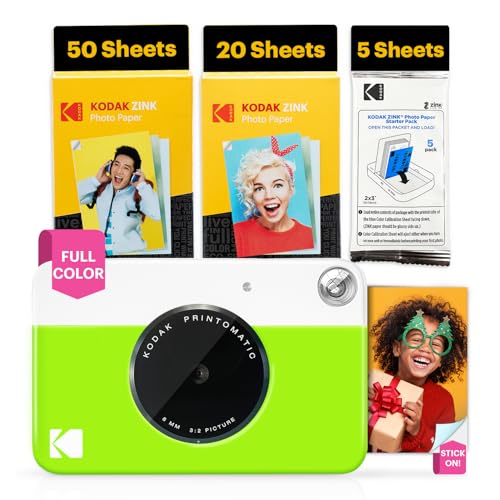 Image of Kodak Printomatic Full-Color Instant Print Digital Camera - 75 Sheets Bundle - Prints On Zink 2x3 Sticky-Back Photo Paper - 5MP, Portable, Creative Fun Gift for Birthday, Christmas, Holiday - Green