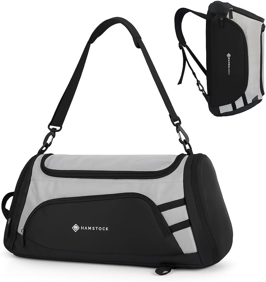 Gym Bag 40L Black and Grey Travel Bag for Women and Men with Hidden Backpack Style Straps, Overnight Hand Luggage Bag with Shoes Compartment and Wet Pocket
