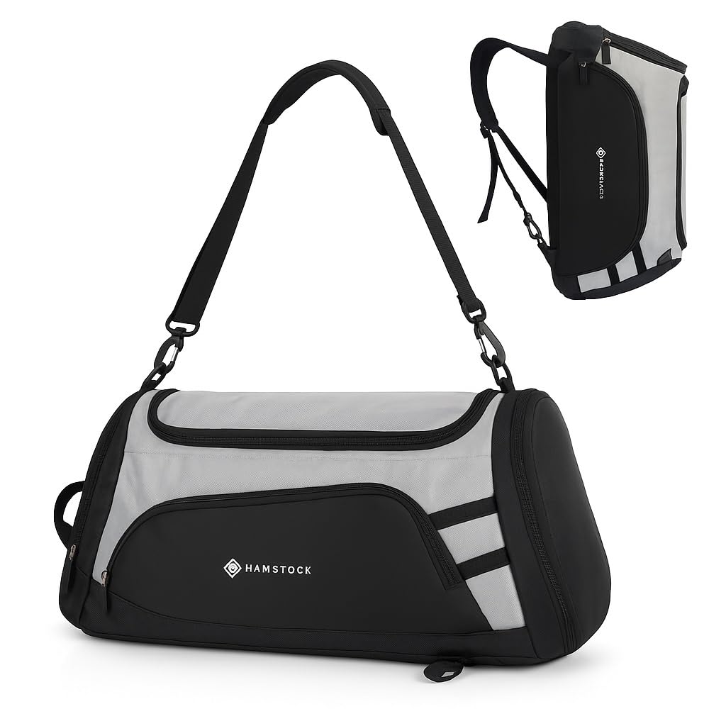 Gym Bag 40L Black and Grey Travel Bag for Women and Men with Hidden Backpack Style Straps, Overnight Hand Luggage Bag with Shoes Compartment and Wet Pocket