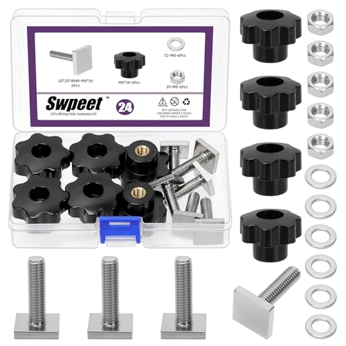 Swpeet 6 ensembles 304 acier inoxydable M8 T piste boulon bouton kit, M8 × 30mm T fente boulons avec poignée de boutons étoiles, verrouillage écrous rondelles, T piste boulons accessoires