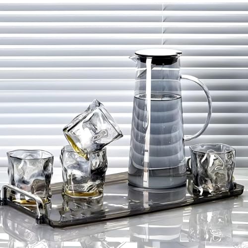 Image of Premium Water and Juice Black Glass & Borosilicate Glass Jug Set Combo [6 Piece Glass 300ML & 1 Piece Jug 1.8 Liter] Transparent Pitcher Set For Dining Table,Home & Restaurant,Party (MTS - 05)