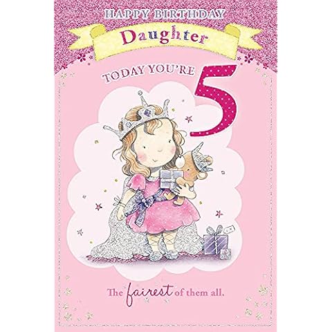 Daughter Birthday Card - 'On Your 5th birthday princess with Gift and Bear - 9 "x 6" Cover