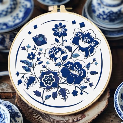 Image of FREEBLOSS 4 Set 12'' Embroidery Kit for Beginners Indigo Flowers Border Pattern Embroidery Kit with Instructions Full Kit of Embroidery Cloth 2 Embroidery Hoops Indigo Blue Series Flosses