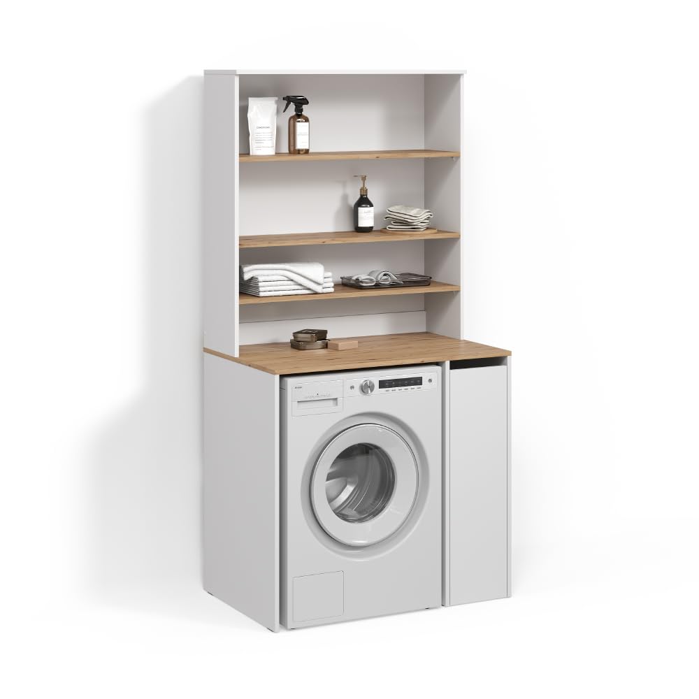 Livinity Armoire Machine à Laver Paolina, Blanc/Artisan, 93.6x88.2cm | 2 parties avec armoire et étagèreEspace supplémentaire au-dessus de l'appareil pour ranger les détergents et les accessoires