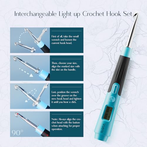 Votris 18 in 1 Counting Crochet Hooks, Light up Crochet Hook Set with Digital Stitch Counter 2.0mm-14.0mm, Rechargeable & Interchangeable Heads Lighted Crochet Hook Set, Ergonomic Handles for Beginner — view 3