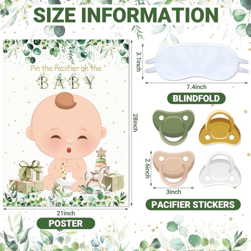 Faccito Pin The Pacifier Baby Shower Game Baby Shower Party Decorations Include Large Poster 24 Pacifier Stickers Blindfold Game Set for Birthday Party Decor Supplies(Green,Fair) — view 2