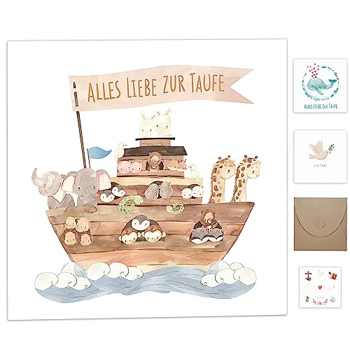 Taufgeschenke für Jungen Mädchen Patenkind Karte Taufe mit Umschlag aus Kraftpapier Hochwertig Taufkarten mit Taufe Sticker Deko Glückwunschkarten zur Taufe Arche Noah Geschenk Taufe Klappkarte
