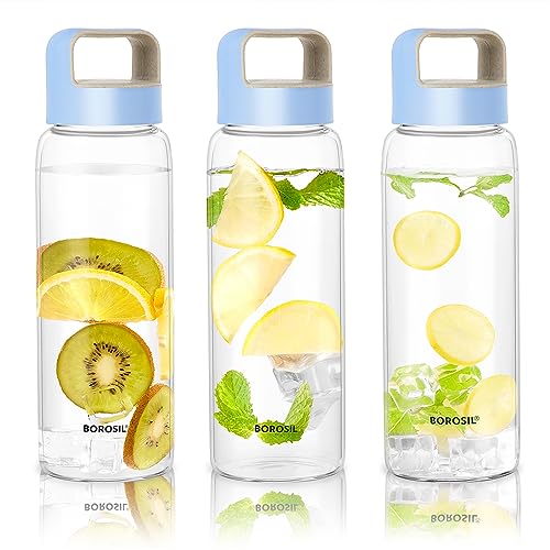 Borosil 750ml Crysto Water Bottle Set | Borosilicate Glass Wide Mouth Bottle for Fridge | Extreme Temperature Resistant For Hot & Cold Water, Milk, Lassi, Juice | Transparent (Husk Blue - 3pc)