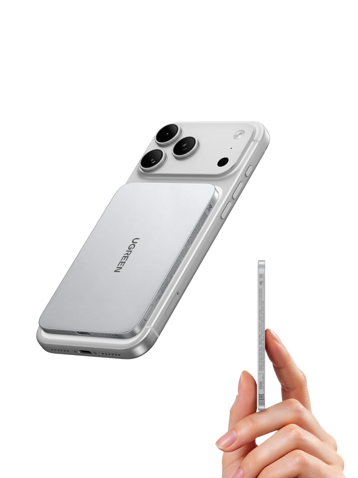 UGREEN Magflow Air Slim Magsafe Power Bank Qi2 15W Portable Charger 5000mAh White