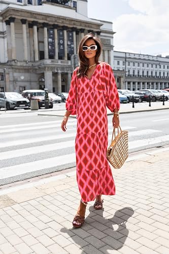 Image of miduo Womens Loose Fit Casual Summer V Neck Half Sleeve Bohemian Geometric Pattern Maxi Long Dresses