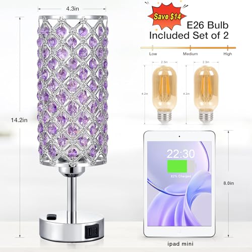 Image of Hong-in Crystal Lamps Set of 2, 3 Way Dimmable Touch Lamp with Crystal Shade, Bedside Nightstand Lamps for Living Room Bedroom Home Office(Purple)