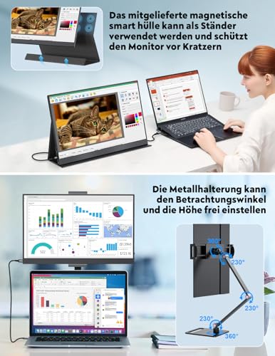 MAGICRAVEN Tragbarer Monitore 15.6“ 1080P FHD Laptop Bildschirm Erweiterung Monitor IPS Screen, Laptop Monitor mit Lautsprecher, Bildschirm für Laptop/PC/Telefone/PS45/X-Bo mit HDMI/USB C & Halterung
