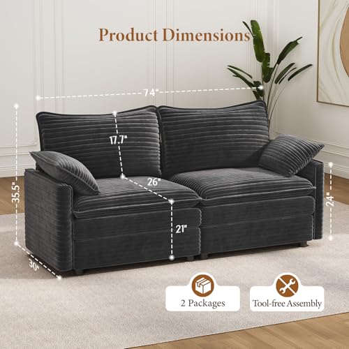 Image of Vesgantti 74 inch Loveseat Sofa for Living Room, Comfy Cloud Couch Deep Seat Corduroy Modern 2 Seater Small Sofa with Armrest Pillow, Easy Assembly for Small Spaces, Gray