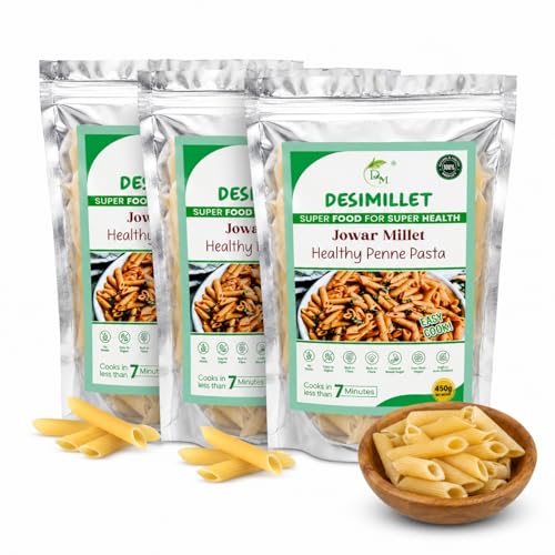 Image of DESIMILLET Jowar Millet Pasta | No Maida, Easy to Digest | Rich in Anti-Oxidant, High Fibre, Iron-Rich Vegan Breakfast | Control Blood Sugar, Diabetic Friendly for Adults - 450 GM (Pack of 3)