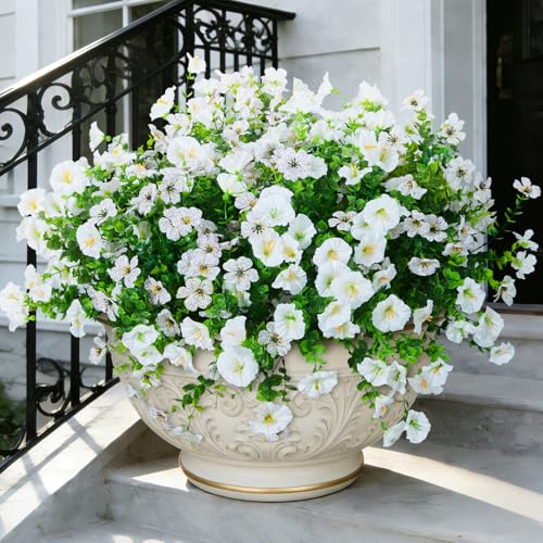 Hrobek Artificial Flowers for Outdoors Faux Plants Outside Indoor Realistic UV Resistant Silk Fake Daisy Morning Glory for Home Patio Garden Back Yard Front Porch Decor Spring Summer(12 Bunches White)