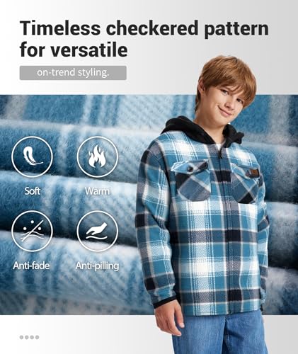 ZITY Boys Flannel Jacket Sherpa Lined Hoodies Zip Up Fleece Plaid Shirt Unisex Winter Coat Kids Outerwear 6-15 Years2