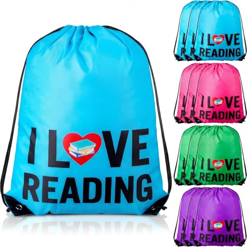 Bulyoou I Love Reading Drawstring Bag Reading Book Party Favor Backpack Back to School Teacher Reward Supplies Gift(24 Pcs)