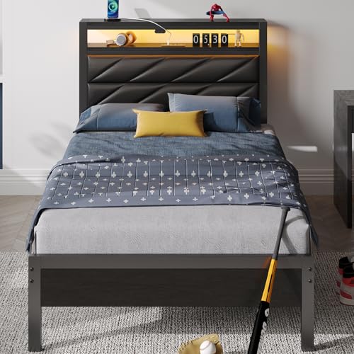 Seventable Lit Simple 90 x 190 cm avec Sommier Métal, Tête de Lit Capitonnée en Cuir PU avec...